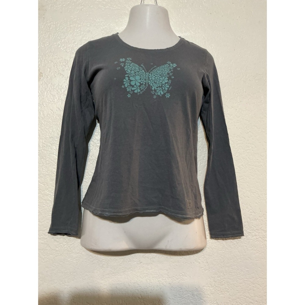 Life Is Good T-Shirt Fitted Tee Gray Long Sleeve Floral Butterfly Womens M